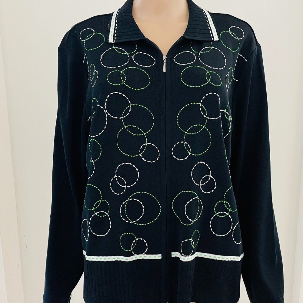 MING WANG WOMANS SIZE PXL - MULTICOLOR GREEN, WHITE, BLACK ZIP FRONT CARDIGAN